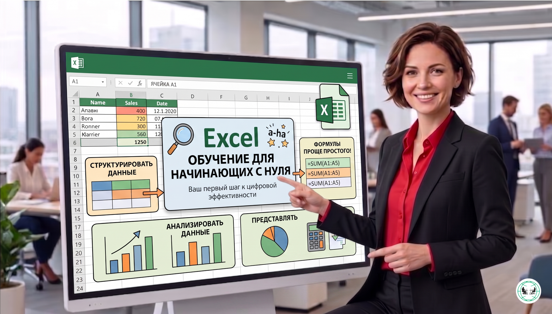 девушка у стенда показывает обучение excel для начинающих