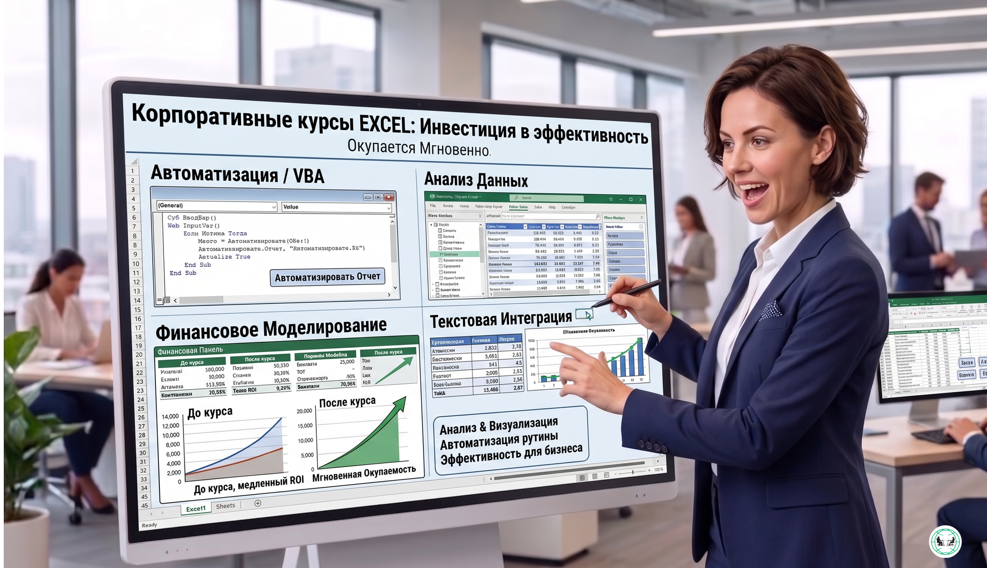корпоративные курсы excel, во что вы инвестируете девушка у стенда