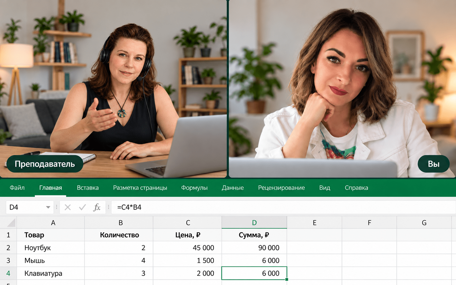 Преподаватель и ученик работают с таблицей Excel